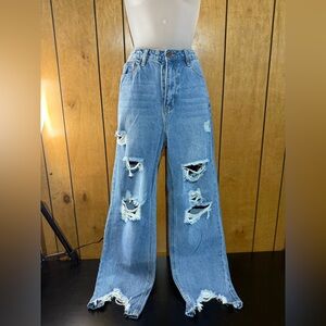 American Bazi Blue Flare Jeans with Distressed Details